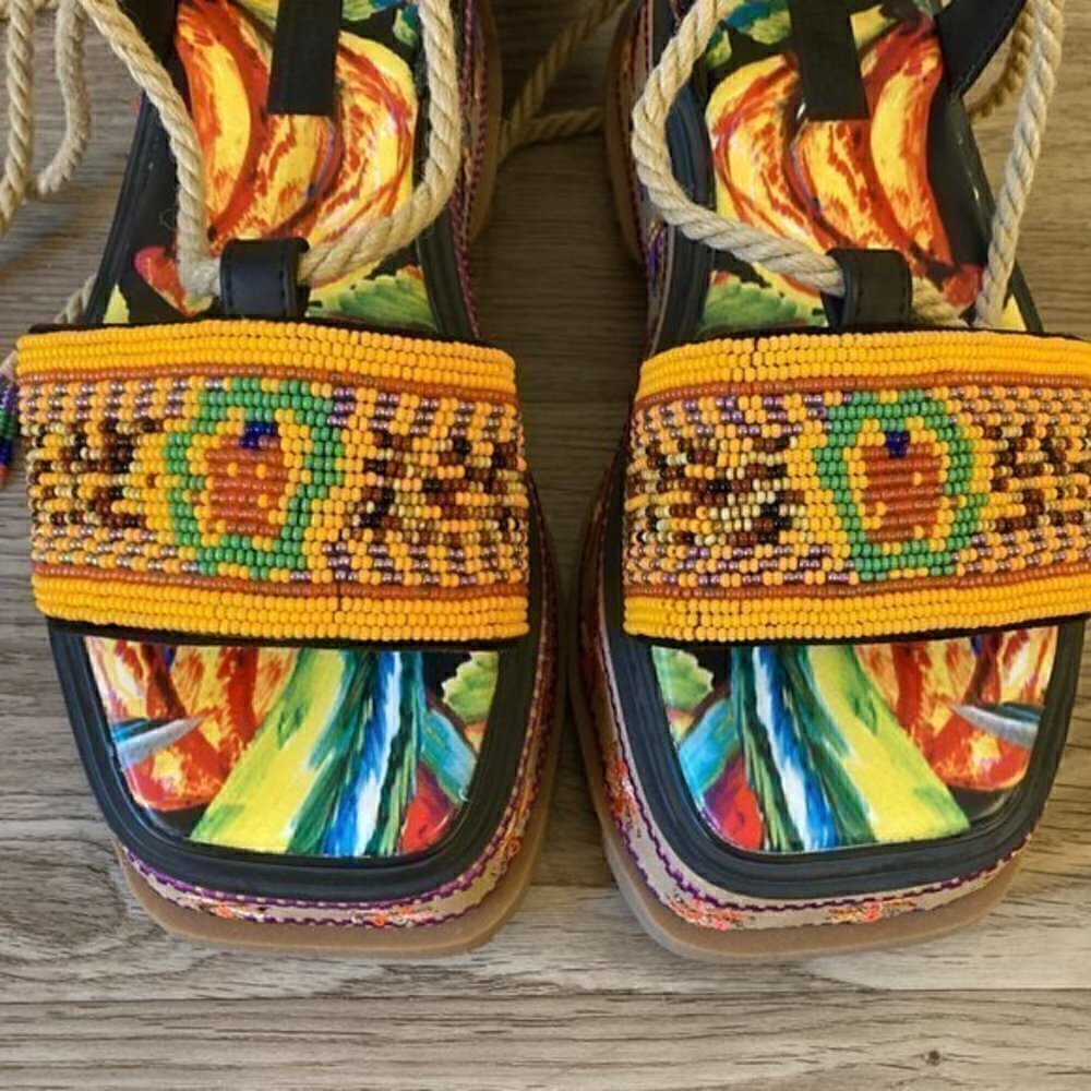 Farm Rio Beaded Banana Platform Sandal in Black Size 8 NWT - Picture 6 of 12